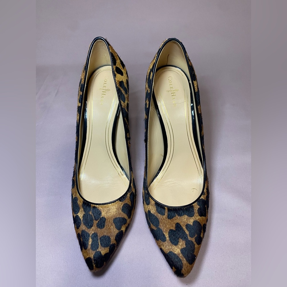 Cole Haan Leopard Print Calf Hair Pointed-Toe Block Heels